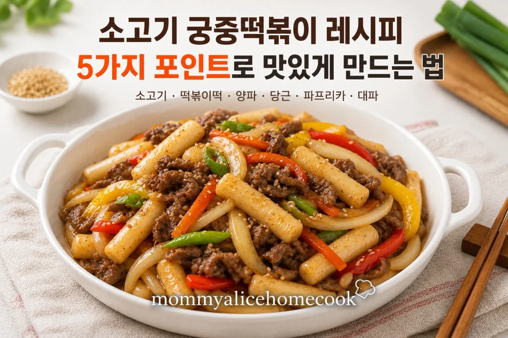 소고기와 채소를 넣어 간장 양념으로 볶아 만든 소고기 궁중떡볶이