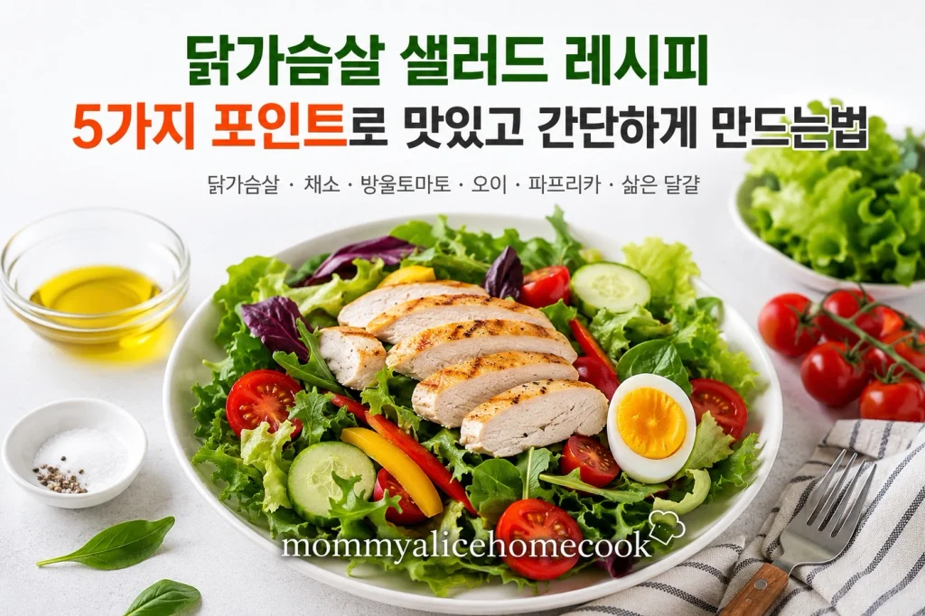 닭가슴살 샐러드 레시피로 만든 신선한 채소와 닭가슴살 샐러드